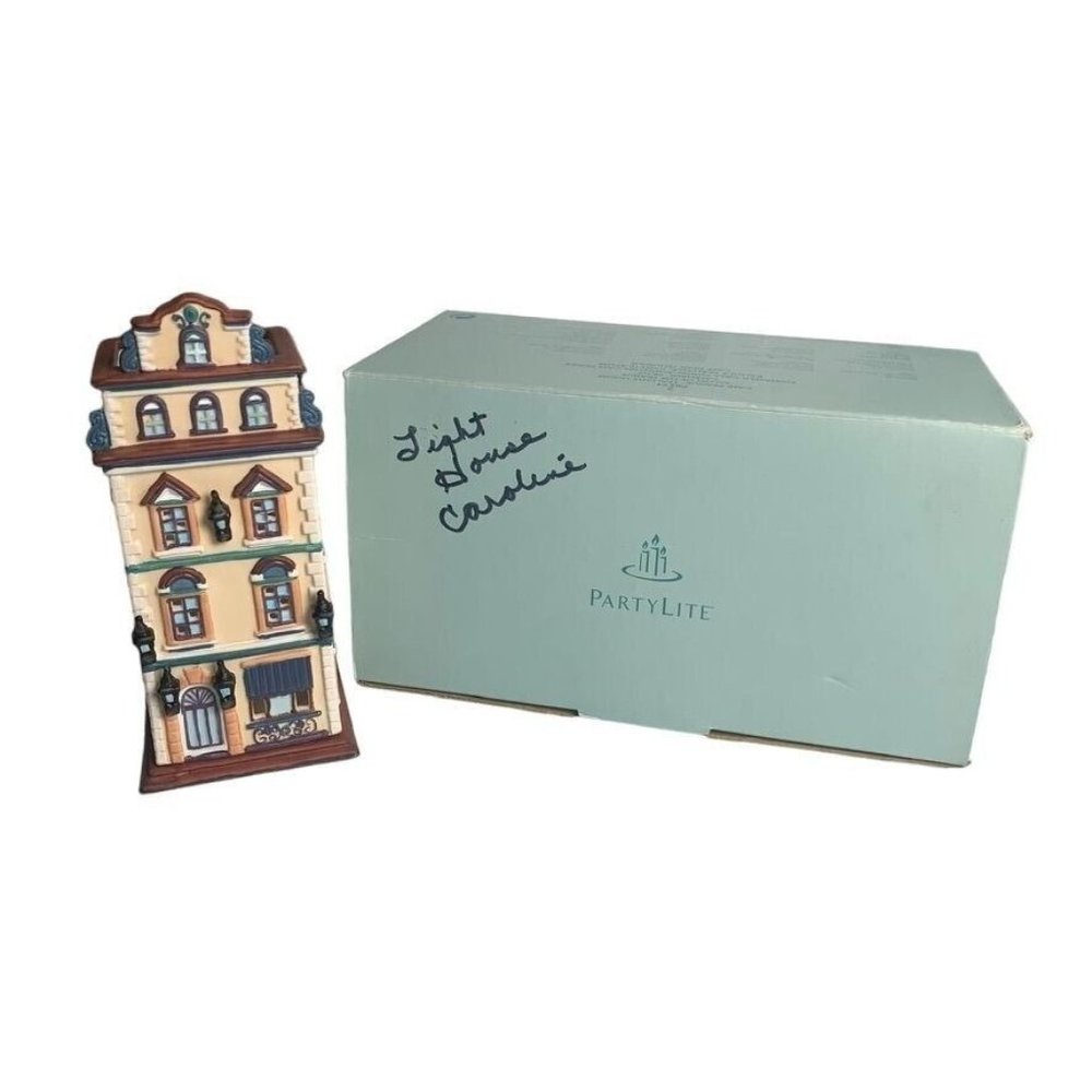 PartyLite Cafe Prague Tealight House Candle Holder & Box P8274 Handpainted 6"